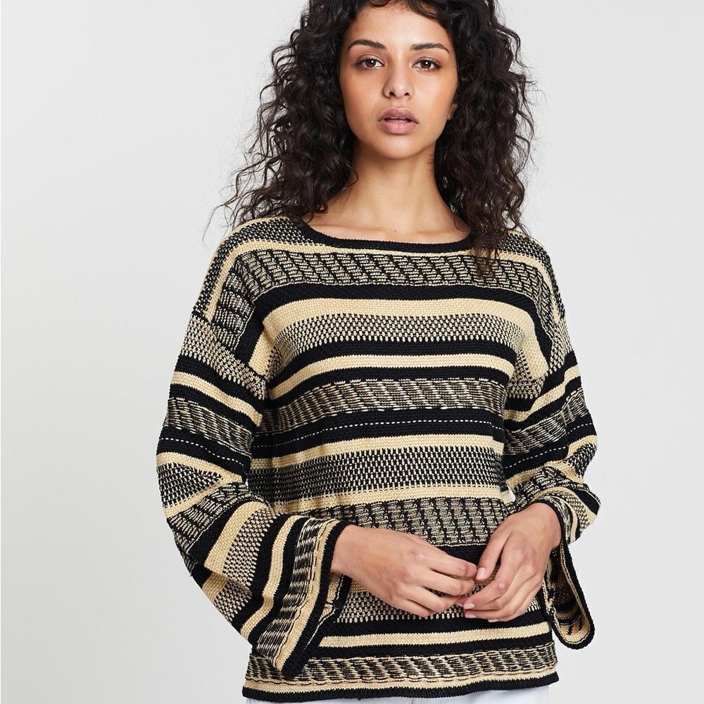Polo Ralph Lauren Women's Linen blend Stripe Knit Sweater Black/Beige Sz L